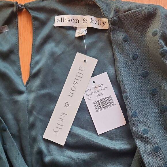 Allison & Kelly Green Plunge Bishop Long Sleeve Dress - Size Women's Large - Picture 2 of 5